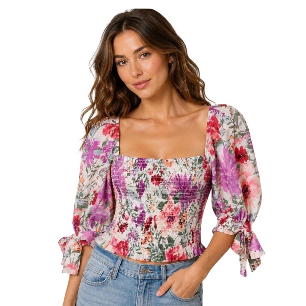 Express Smocked Puff Sleeve Floral Boho Cropped Top Size S Romantic Feminine